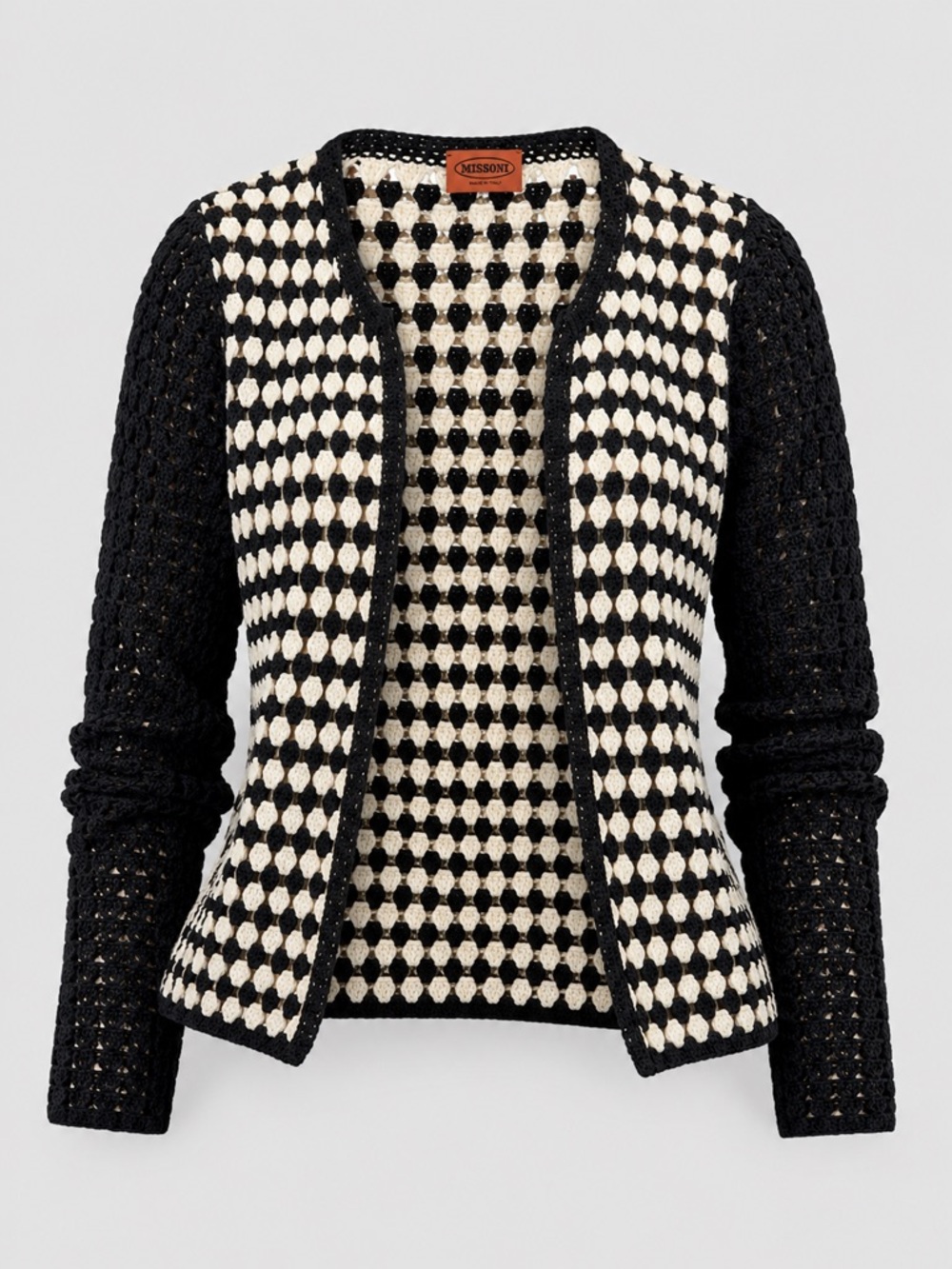 MISSONI Cashmere Blend Geometric Crochet Lace Open Front Cardigan